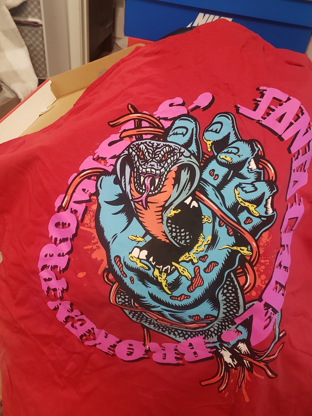 Vintage Santa Cruz Skateboards Red Tee with Blue Snake Graphic